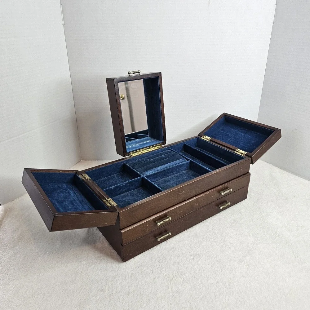 VTG Mid Century Modern Wood Jewelry Box 2 Drawer Blue Velvet Lined MCM Mirror